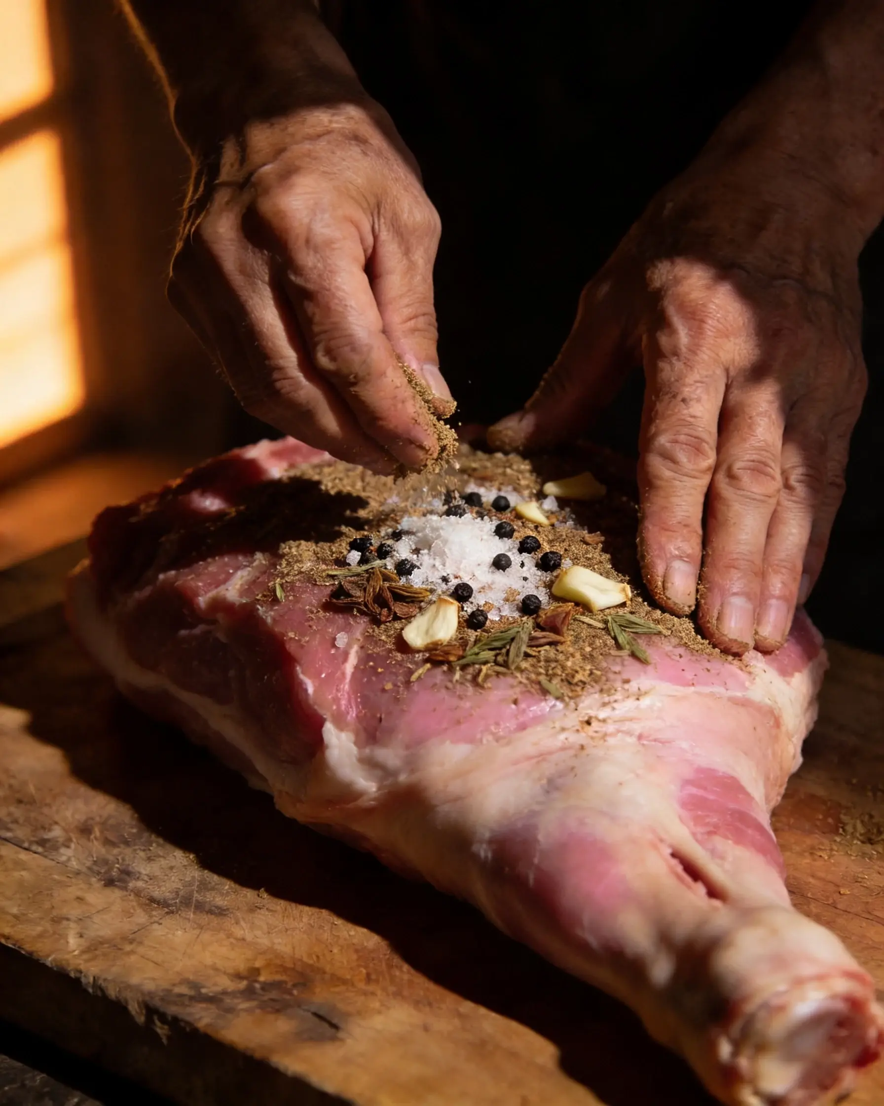 Manos sazonando un pernil crudo con especias · Jamón Casero